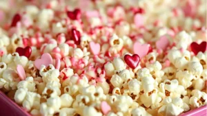 valentine's strawberries white chocolate popcorn in a bowl with the title above it