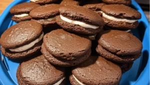 chocolate whoopie pies on a white plate with text overlay that reads, chocolate whoopie pies classic recipe and family favorite