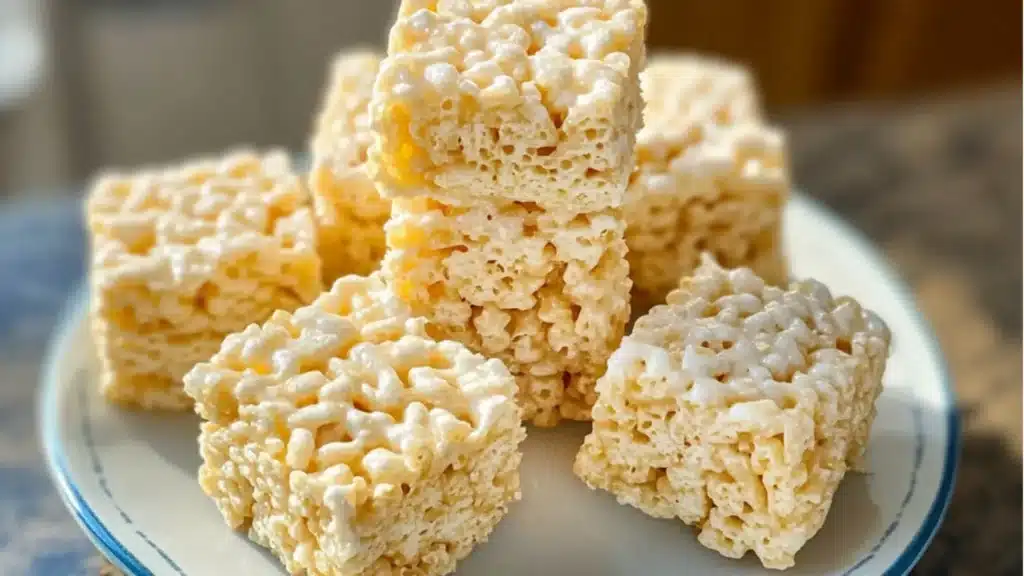 lemon rice krispy treats on a white plate