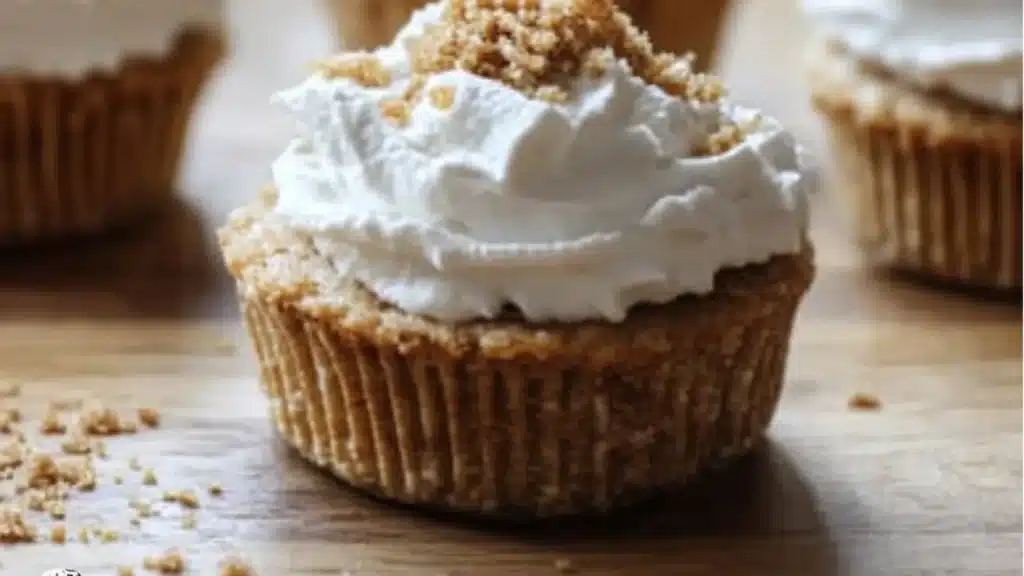 gingerbread cupcakes with white frosting and ginger cookies on the side, topped with graham crackers
