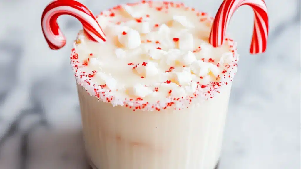 peppermint christmas shots with whipped cream and sprinkles on the top