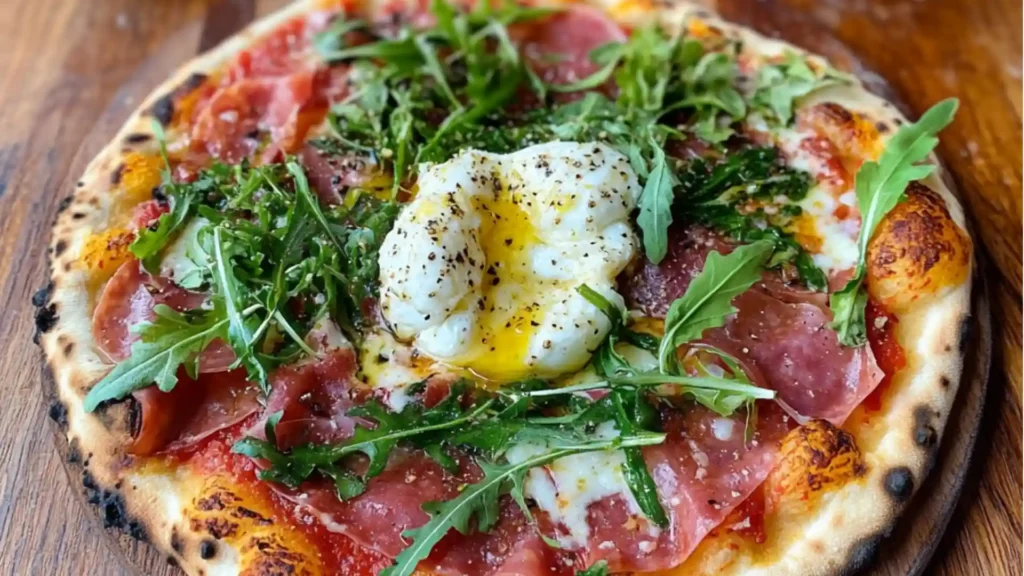 a pizza with prosciutto and honey is shown on a wooden cutting board