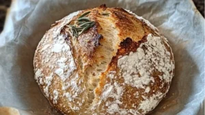 loafs of bread with rosemary sprigs on top and the words easy no knead rosemary sea salt bread recipe