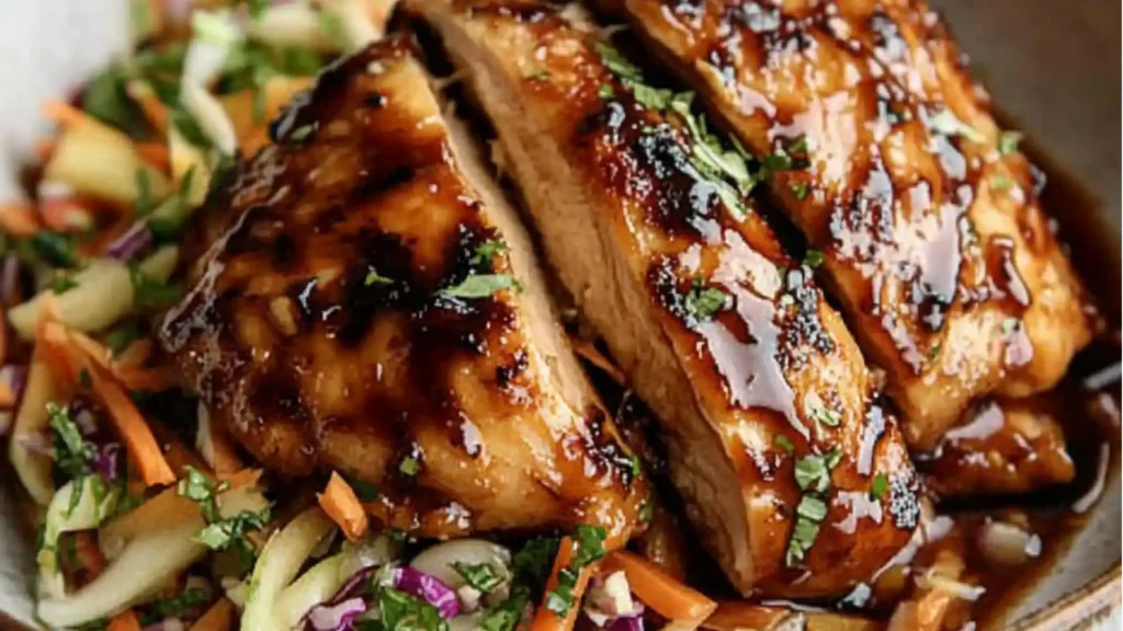 a white plate topped with meat and coleslaw next to a fork on a table