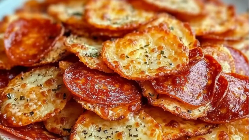 crispy pizza chips on a baking sheet with the title overlay reading crispy pizza chips