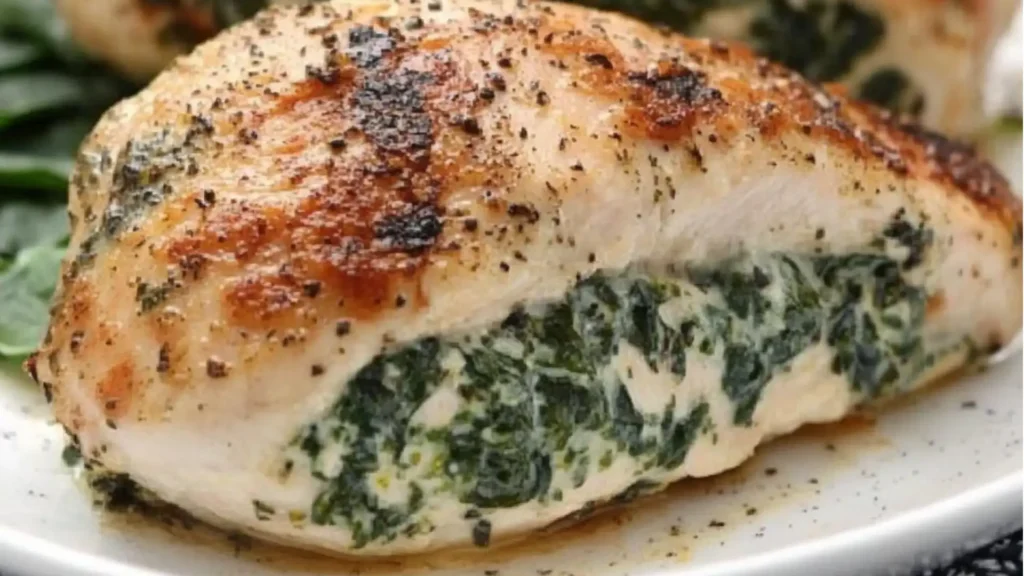 spinach stuffed chicken on a white plate with the words spinach stuffed chicken over it