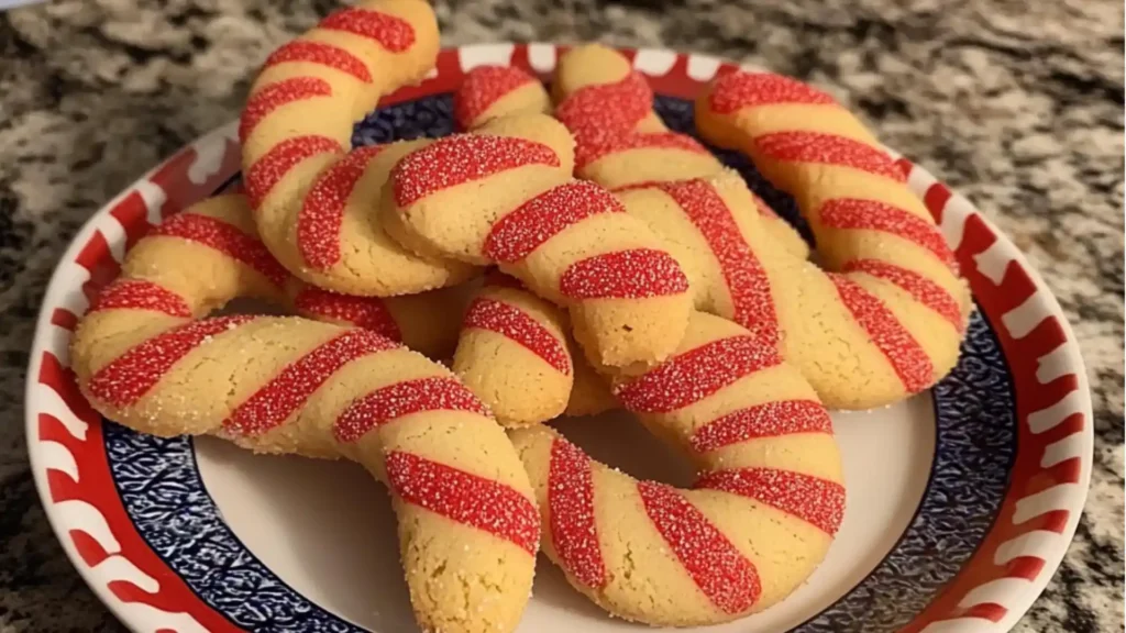some red and white candy cane cookies on a plate with the words old fashioned candy cane cookies