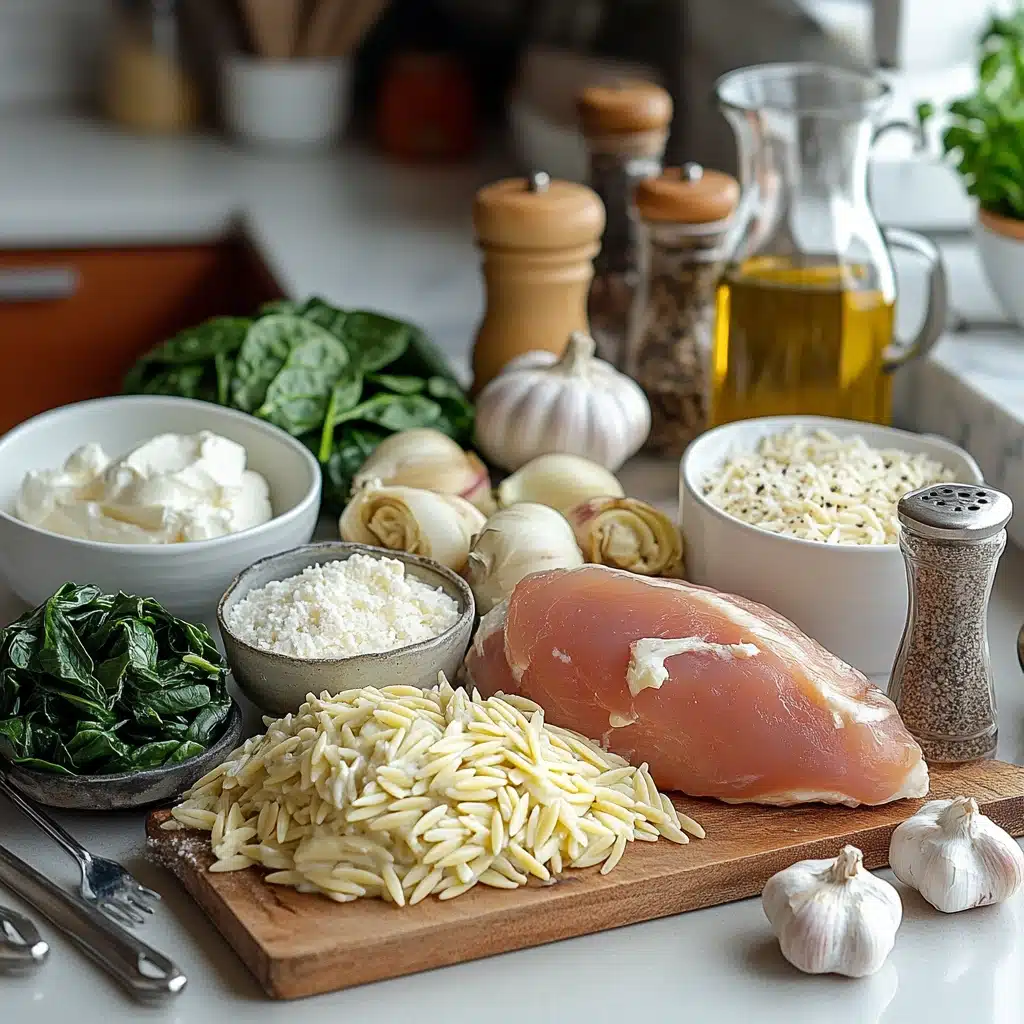 Spinach Artichoke Chicken Orzo Bakes