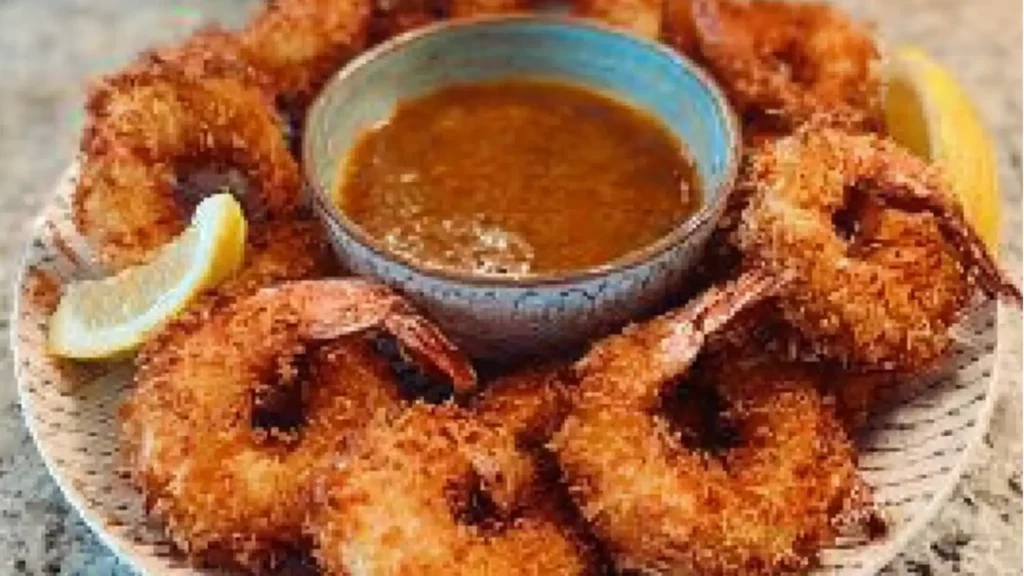 coconut shrimp with 2 ingredient sauce on a white paper towel in front of the words, coconut shrimp with 2 ingredient sauce
