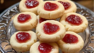 heart - shaped thumbprint jam cookies are the perfect treat for valentine's day