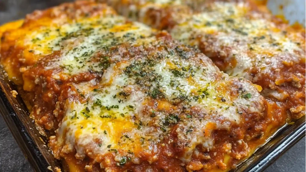 a casserole dish with cheese and spinach on top, in a white baking dish
