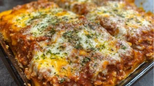 a casserole dish with cheese and spinach on top, in a white baking dish
