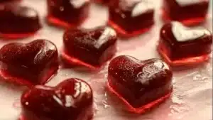 omeone holding up a heart shaped jelly - o - shots in front of hearts on a plate