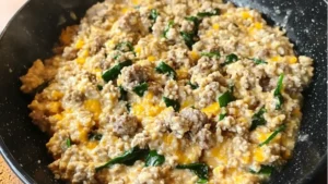 a bowl of oatmeal with sausage and spinach next to a carton of parmesan cheese