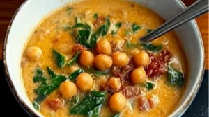 pictures of soup with spinach, chickpeas and bread