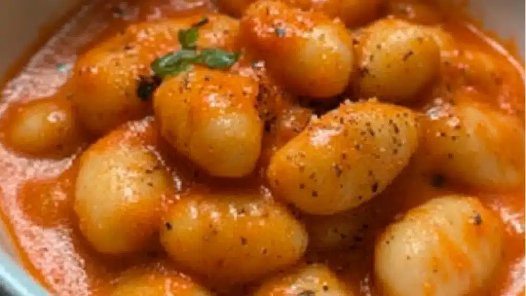 a bowl of creamy tomato gnocchi soup