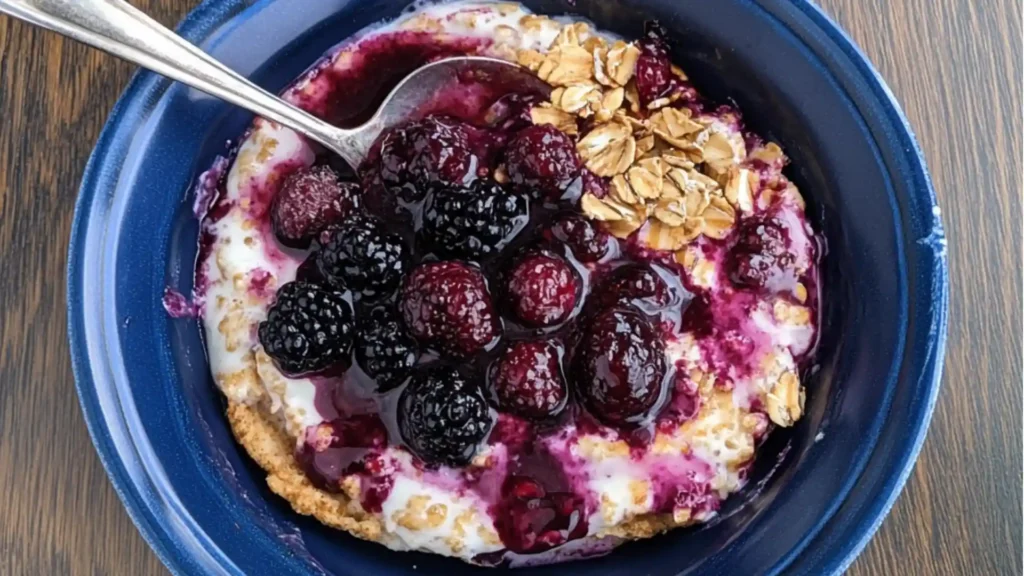 berry cheesecake overnight oats in jars with strawberries and blueberries on the side