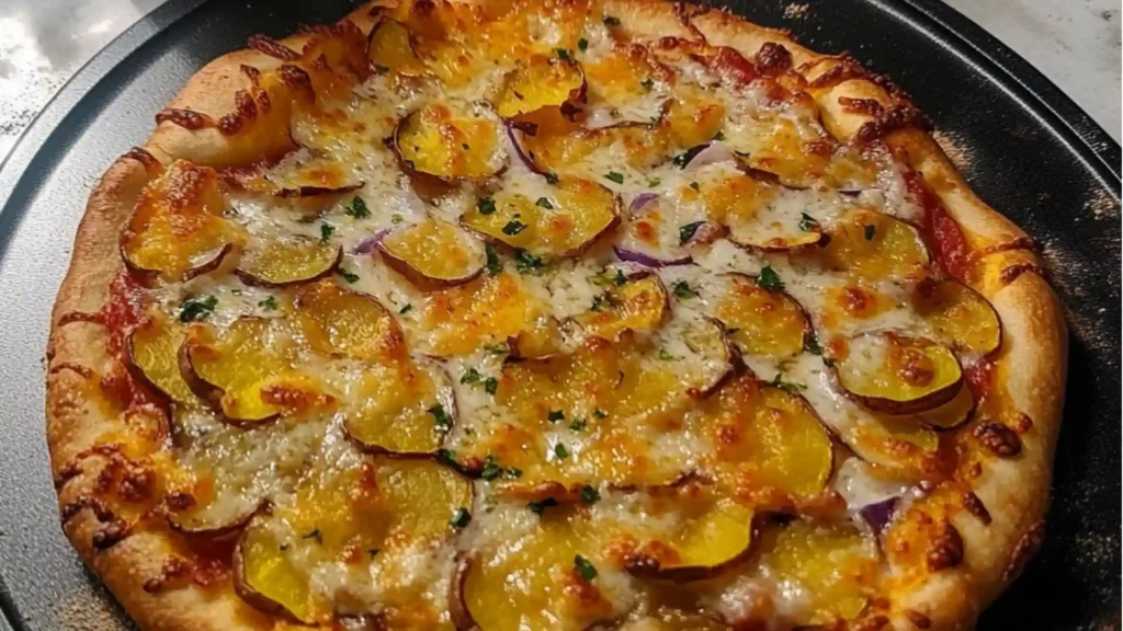 a pizza with cheese and bacon loaded baked potato pizza