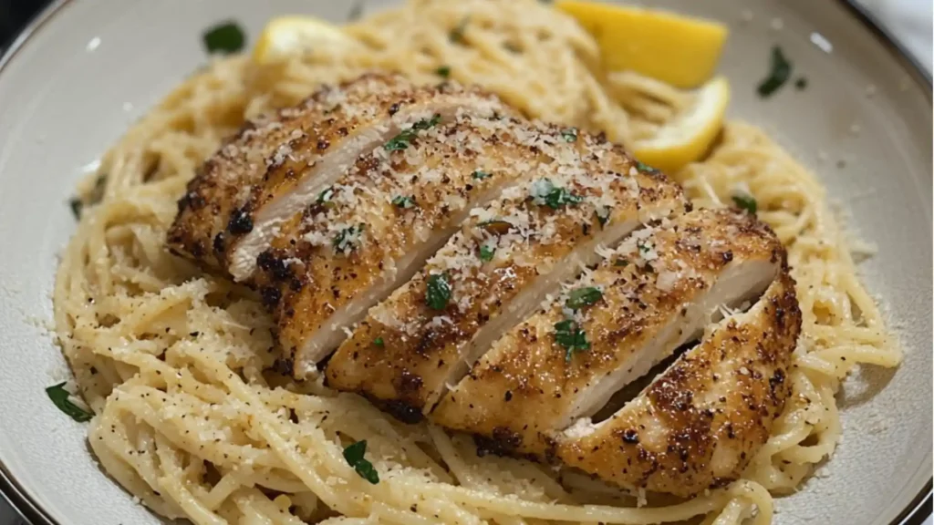 pictures of chicken parmesan with lemon garlic pasta in a casserole dish