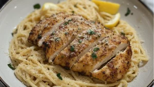 pictures of chicken parmesan with lemon garlic pasta in a casserole dish