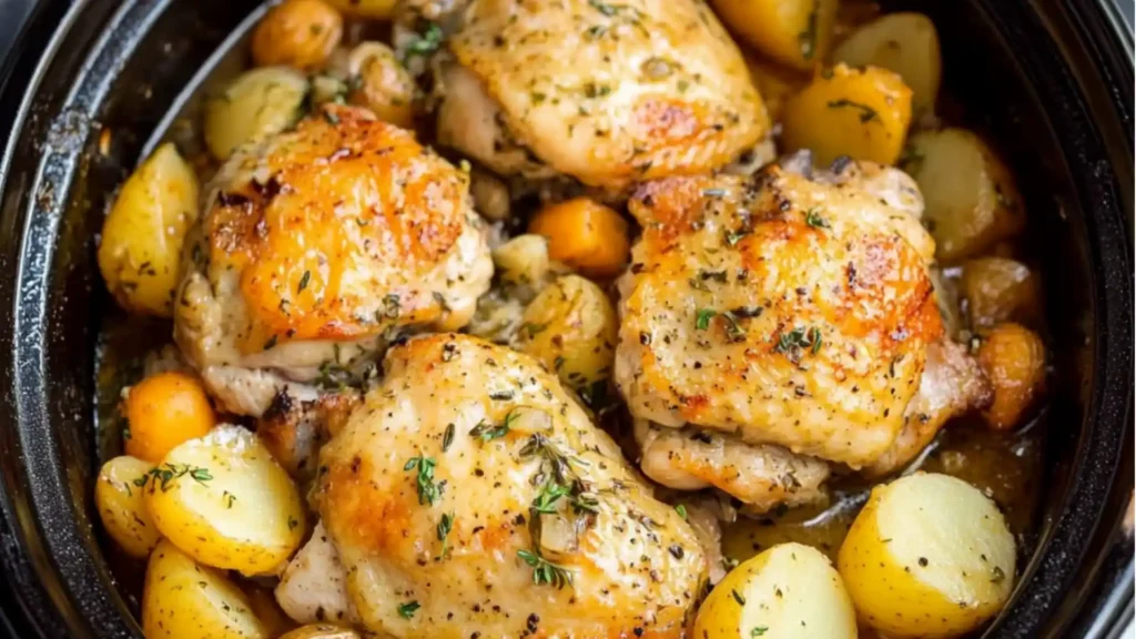 a white bowl filled with chicken and chickpeas next to a yellow liquid bottle
