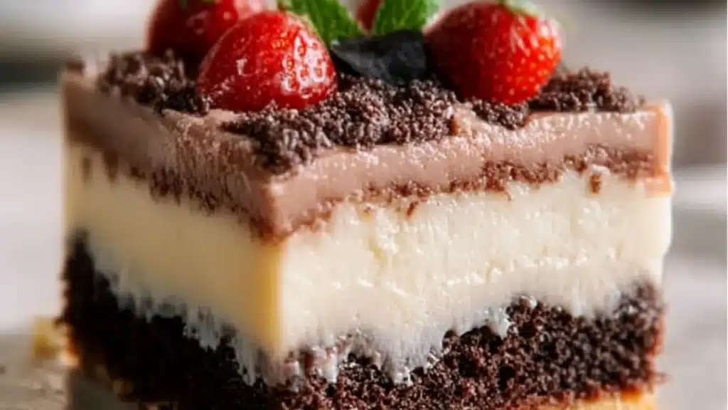 picture side by side of a piece of cake with chocolate frosting on top