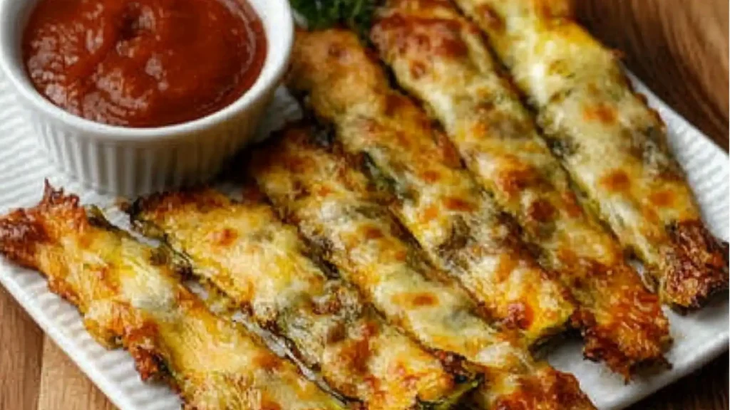 cheesy zucchini breadsticks in a baking pan with text overlay