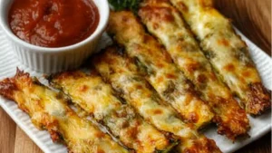 cheesy zucchini breadsticks in a baking pan with text overlay