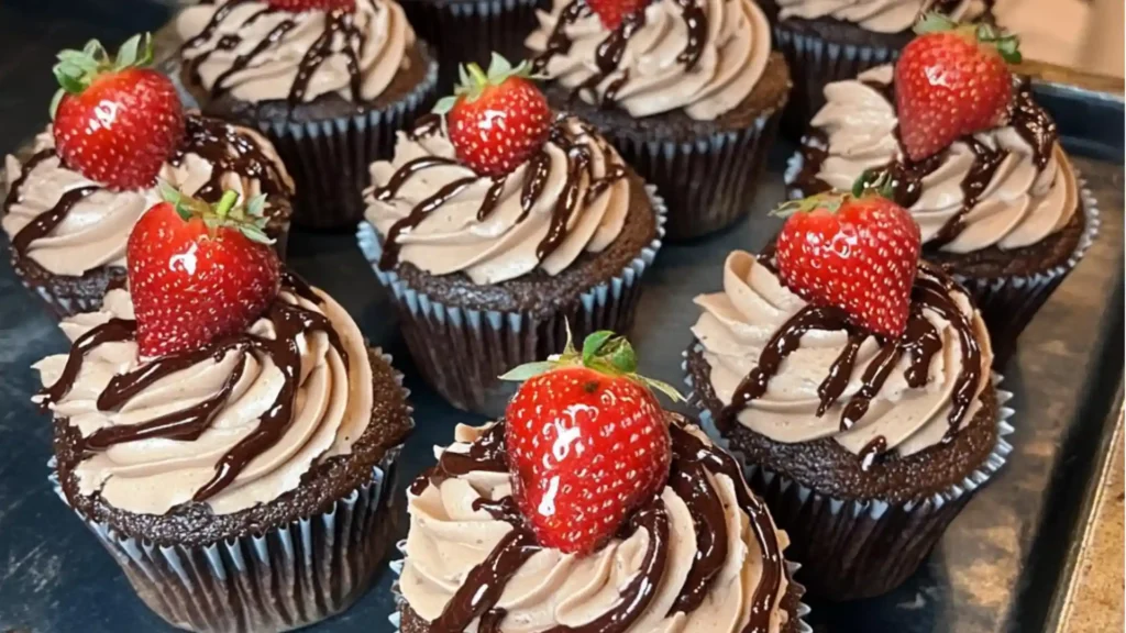 chocolate strawberry cupcakes with pink frosting and strawberries on the top