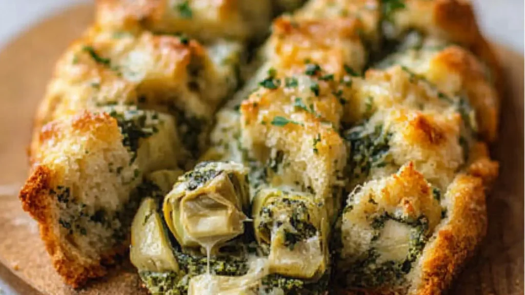 Spinach artichoke pull apart bread in a bundt pan.