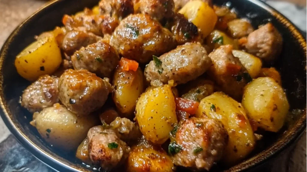 one pan sausage and potatoes recipe in a bowl with text overlay that reads, one pan sausage and potatoes easy recipe