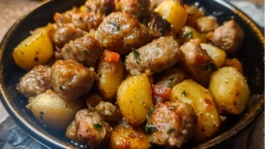 one pan sausage and potatoes recipe in a bowl with text overlay that reads, one pan sausage and potatoes easy recipe
