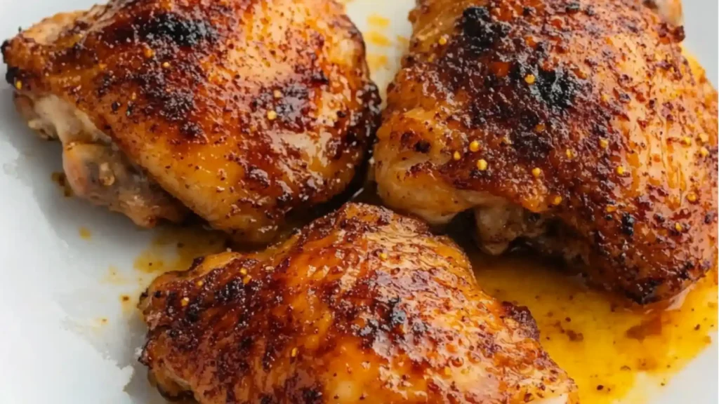 the best baked chicken thighs juicy and full of flavor on a white plate with text overlay