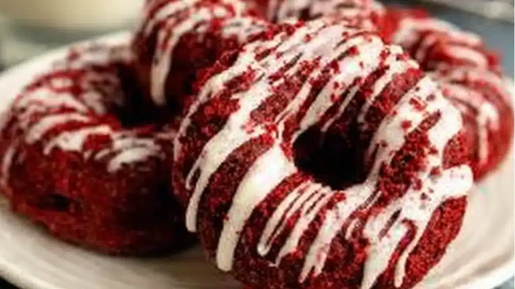 red velvet donuts with white frosting and sprinkles on top are ready to be eaten