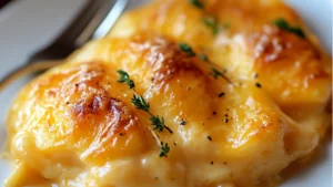 cheesy scalloped potatoes on a white plate with text overlay that reads, cheesy scalloped potatoes
