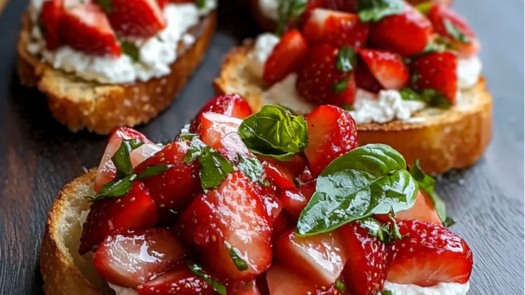 strawberry ricotta bruschetta valentine's day party food ideas on a cutting board