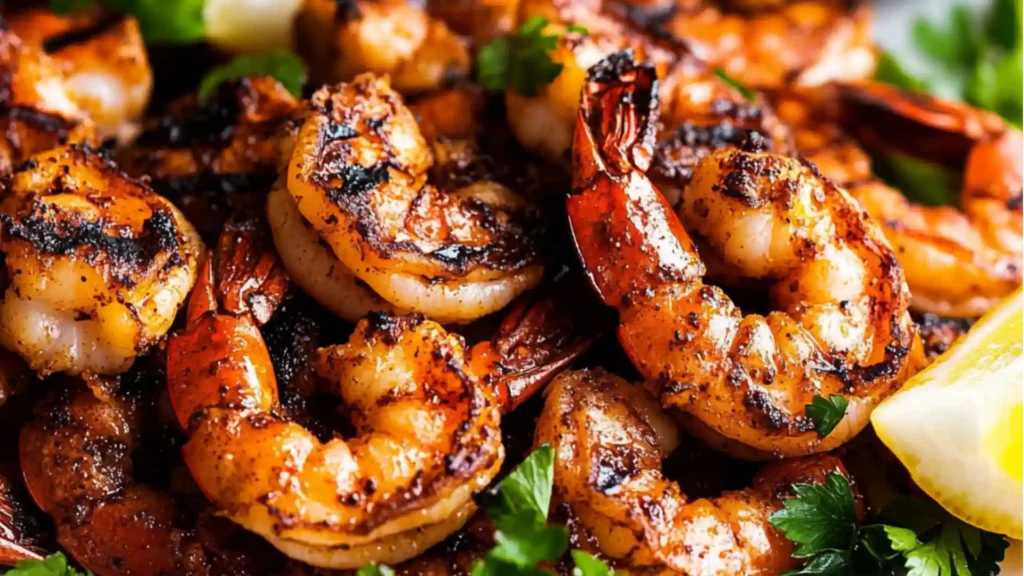grilled shrimp on a plate with lemon wedges