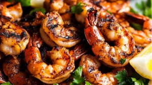 grilled shrimp on a plate with lemon wedges
