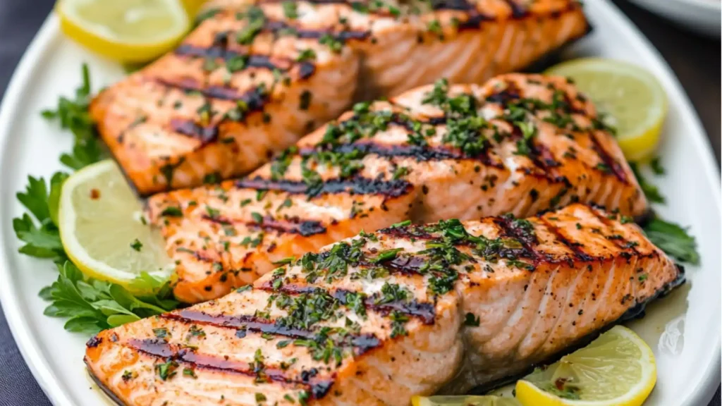 grilled salmon on a plate with lemons and herbs