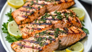 grilled salmon on a plate with lemons and herbs