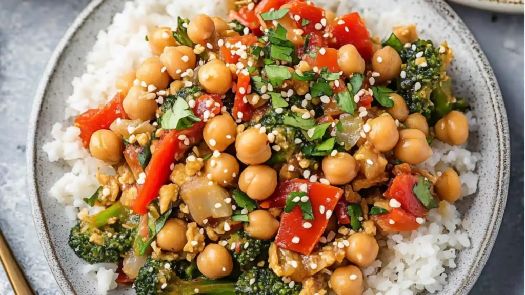Chickpea stir fry in a wok and on a plate.