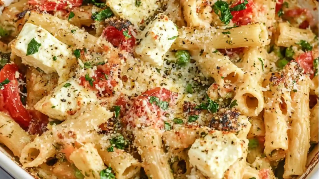 a plate filled with pasta and vegetables next to the words roasted vegetable baked feta pasta
