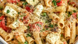 a plate filled with pasta and vegetables next to the words roasted vegetable baked feta pasta