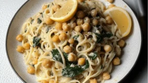 a skillet filled with pasta, spinach and chickpea