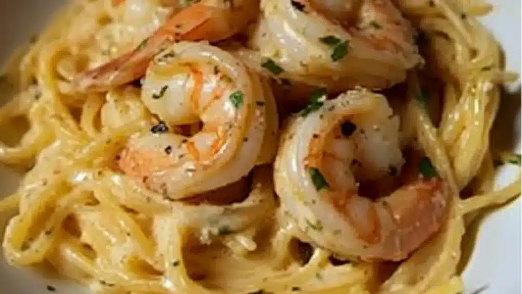 pasta with shrimp and parsley garnish in a white sauce that is ready to be eaten