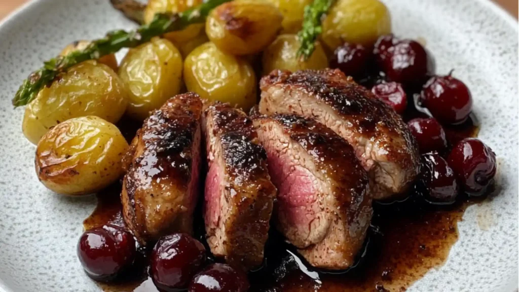 a white plate topped with meat and mashed potatoes on top of a red sauce