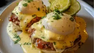Egg benedict is essentially an open-faced breakfast sandwich. You can change up eggs benedict in many ways but a classic egg benedict starts with a toasted English muffin half, then meat which is usually Canadian bacon, ham, or regular bacon