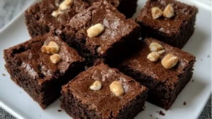 fudgey whole wheat brownies stacked on top of each other