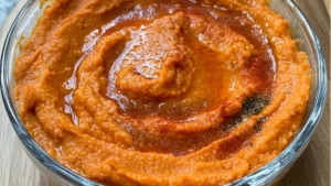 roasted red pepper hummus in a white bowl with a hand dipping them into the dip