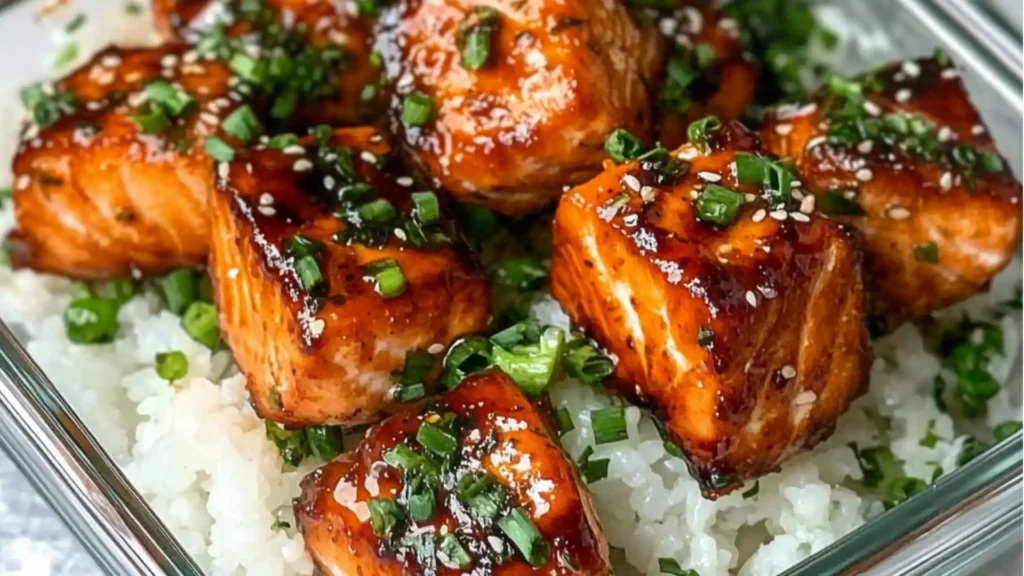 crispy air fryer teriyaki salmon bites on top of rice and broccoli